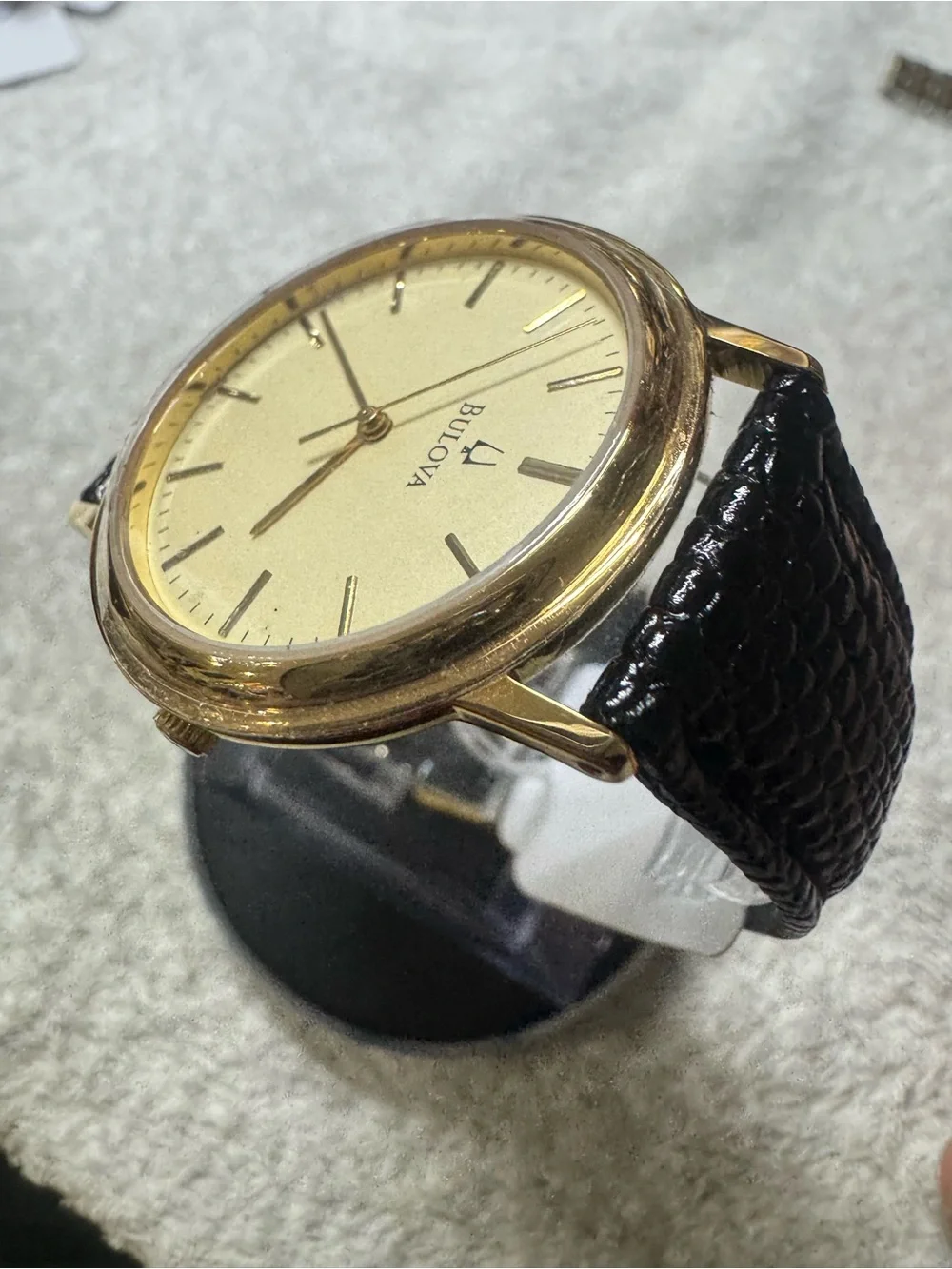 Bulova Gold Dial Men's Watch with Black Leather Strap